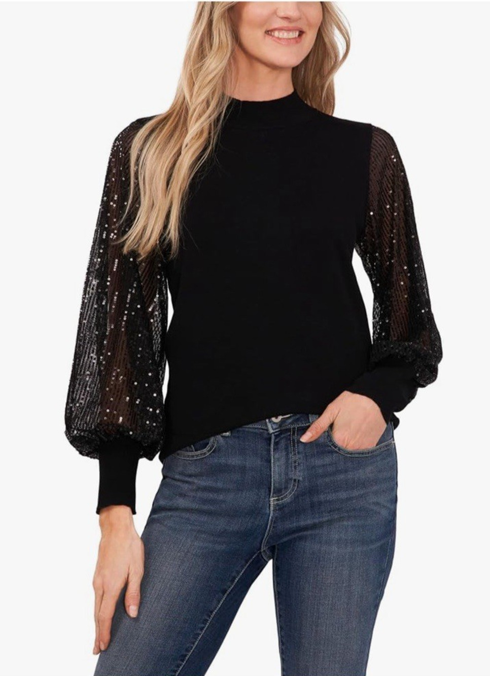 CeCe Black Blouse Sequin Chiffon Puff Sleeve Womens XL NEW Whimsigoth Pullover